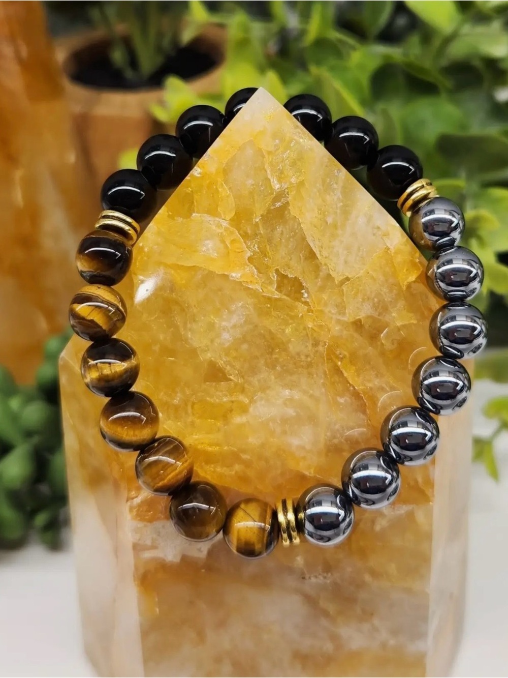 Tiger Eye, Black & Hematite Beaded Bracelet with Gold Accents